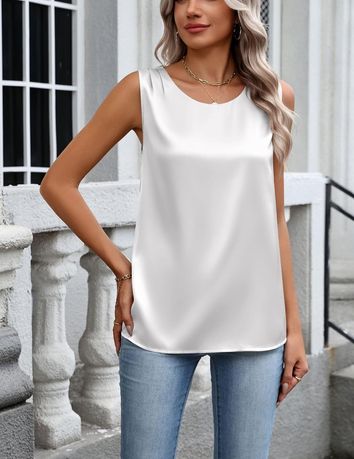 image:imageZeagoo Womens Satin Tank Top Pleated Sleeveless Blouse Dressy Casual TopsAawhite