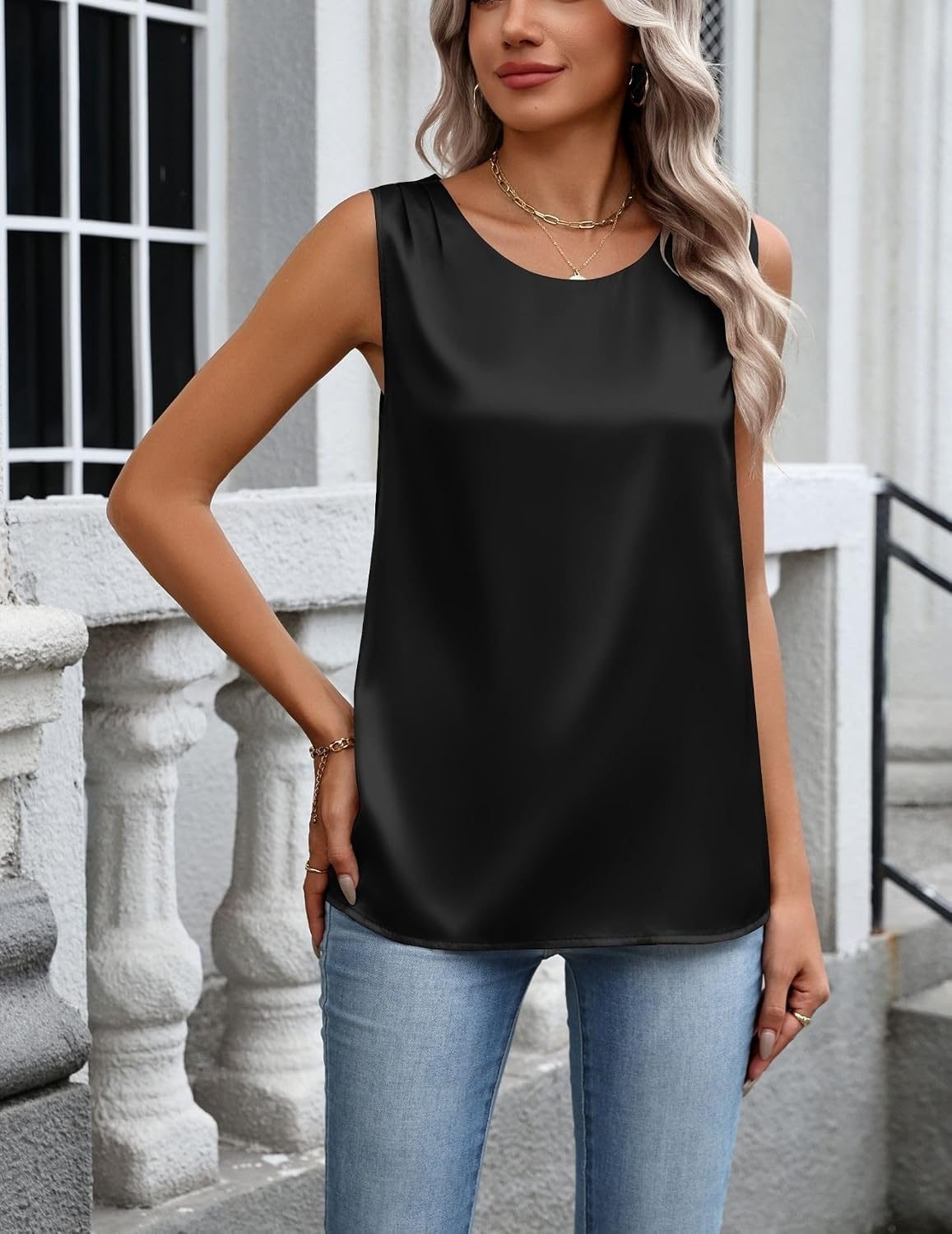 image:imageZeagoo Womens Satin Tank Top Pleated Sleeveless Blouse Dressy Casual TopsAblack