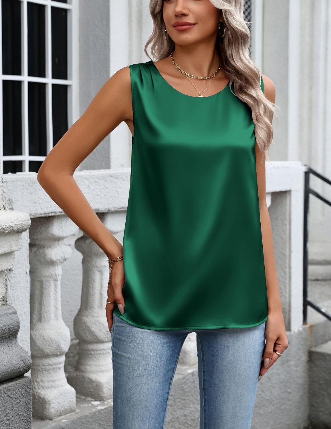 image:imageZeagoo Womens Satin Tank Top Pleated Sleeveless Blouse Dressy Casual TopsDark Green