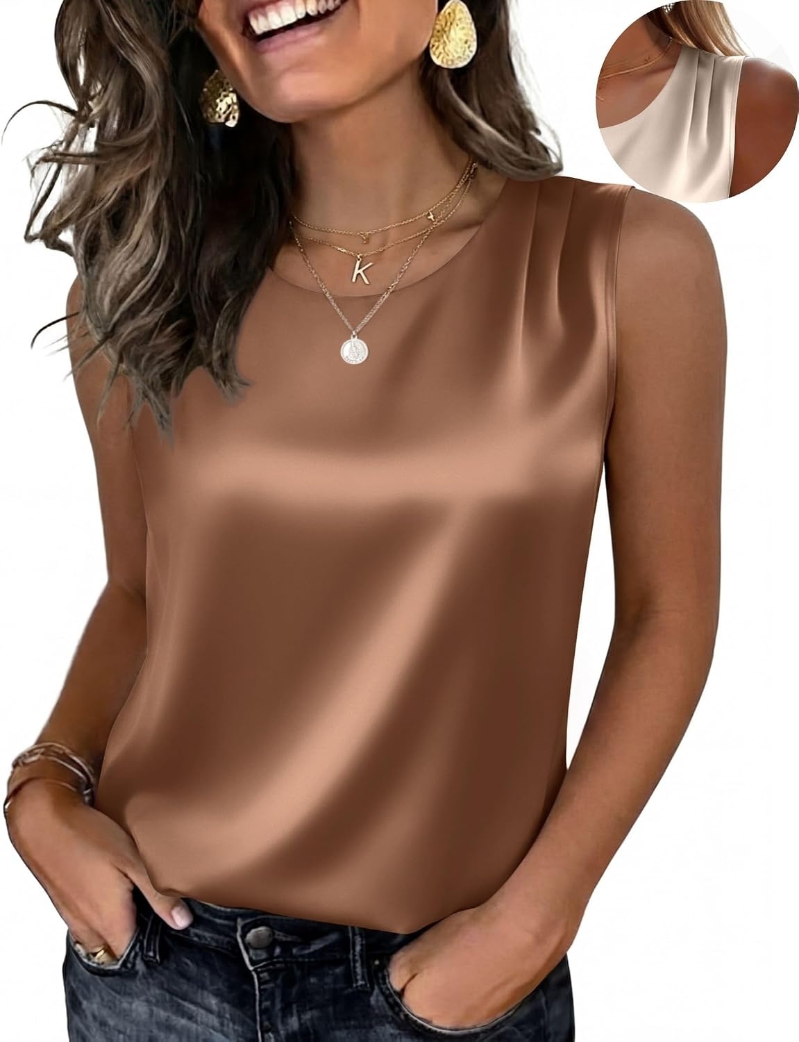 image:imageZeagoo Womens Satin Tank Top Pleated Sleeveless Blouse Dressy Casual TopsDark Khaki