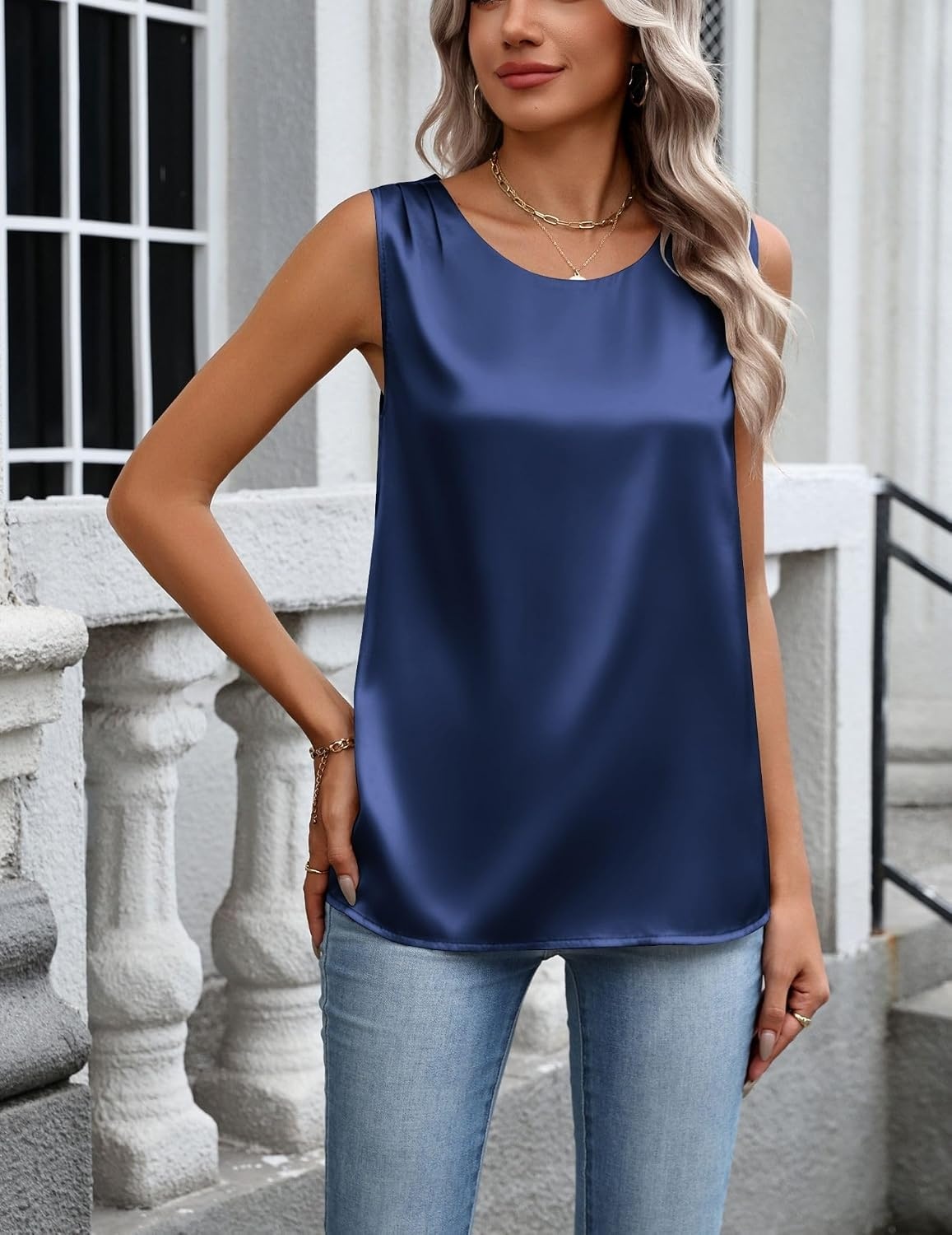 image:imageZeagoo Womens Satin Tank Top Pleated Sleeveless Blouse Dressy Casual TopsNavy Blue