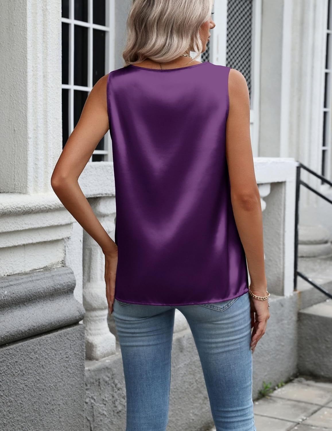 image:imageZeagoo Womens Satin Tank Top Pleated Sleeveless Blouse Dressy Casual TopsPurple