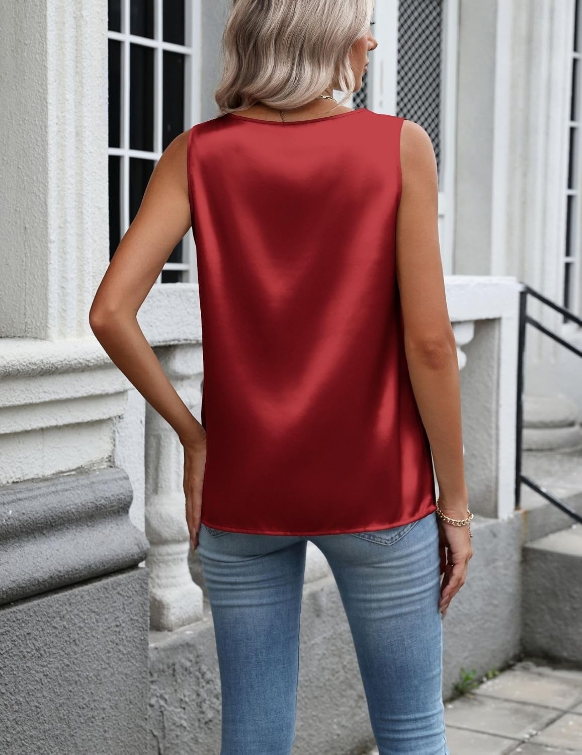 image:imageZeagoo Womens Satin Tank Top Pleated Sleeveless Blouse Dressy Casual TopsRed