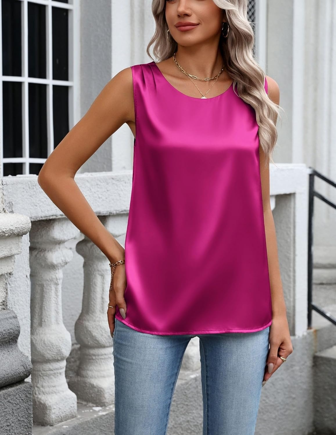 image:imageZeagoo Womens Satin Tank Top Pleated Sleeveless Blouse Dressy Casual TopsRose Red