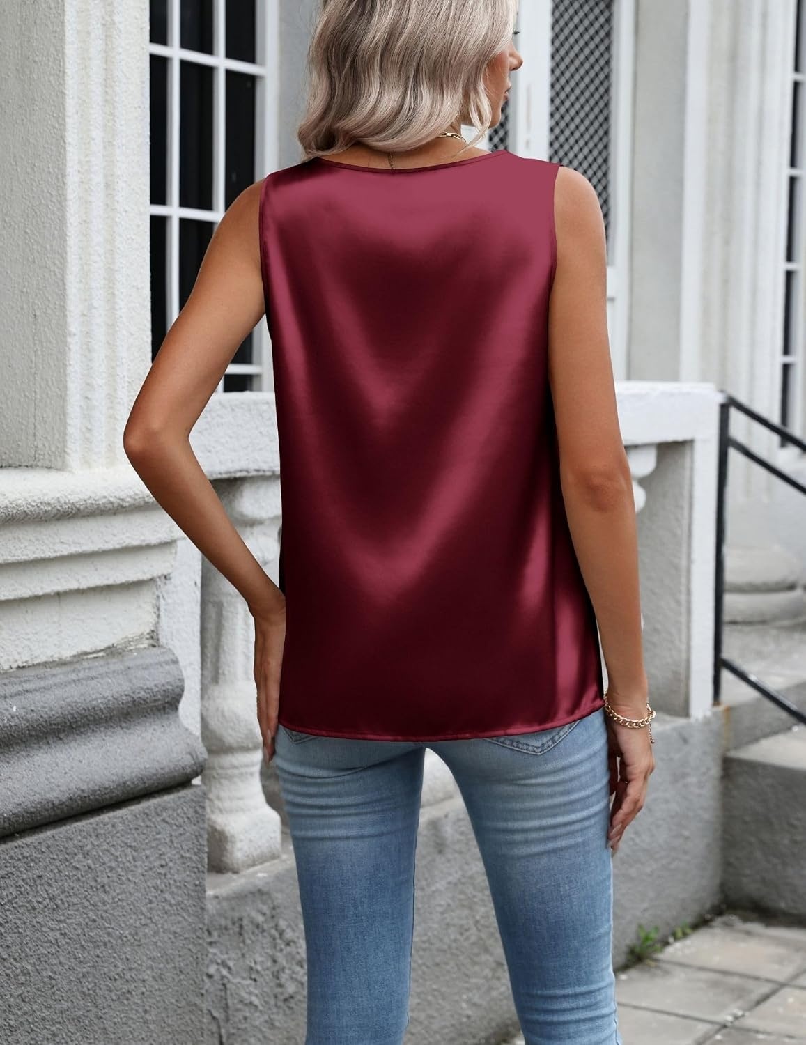 image:imageZeagoo Womens Satin Tank Top Pleated Sleeveless Blouse Dressy Casual TopsWine Red