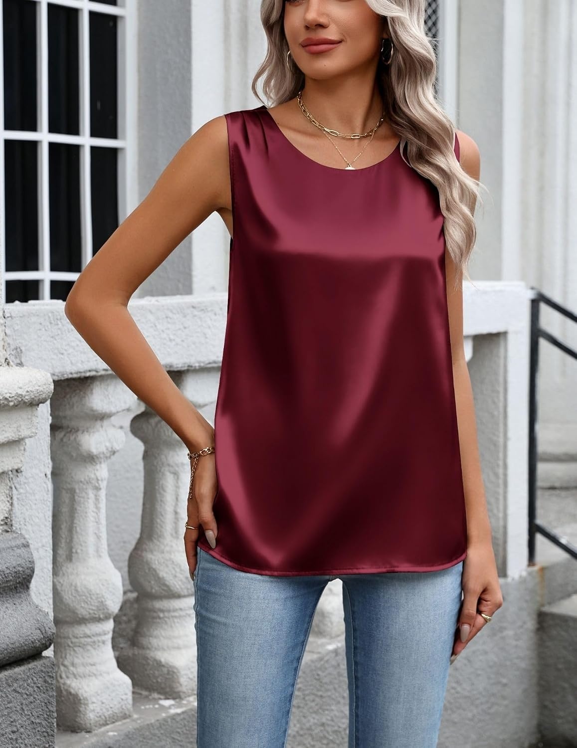 image:imageZeagoo Womens Satin Tank Top Pleated Sleeveless Blouse Dressy Casual TopsWine Red