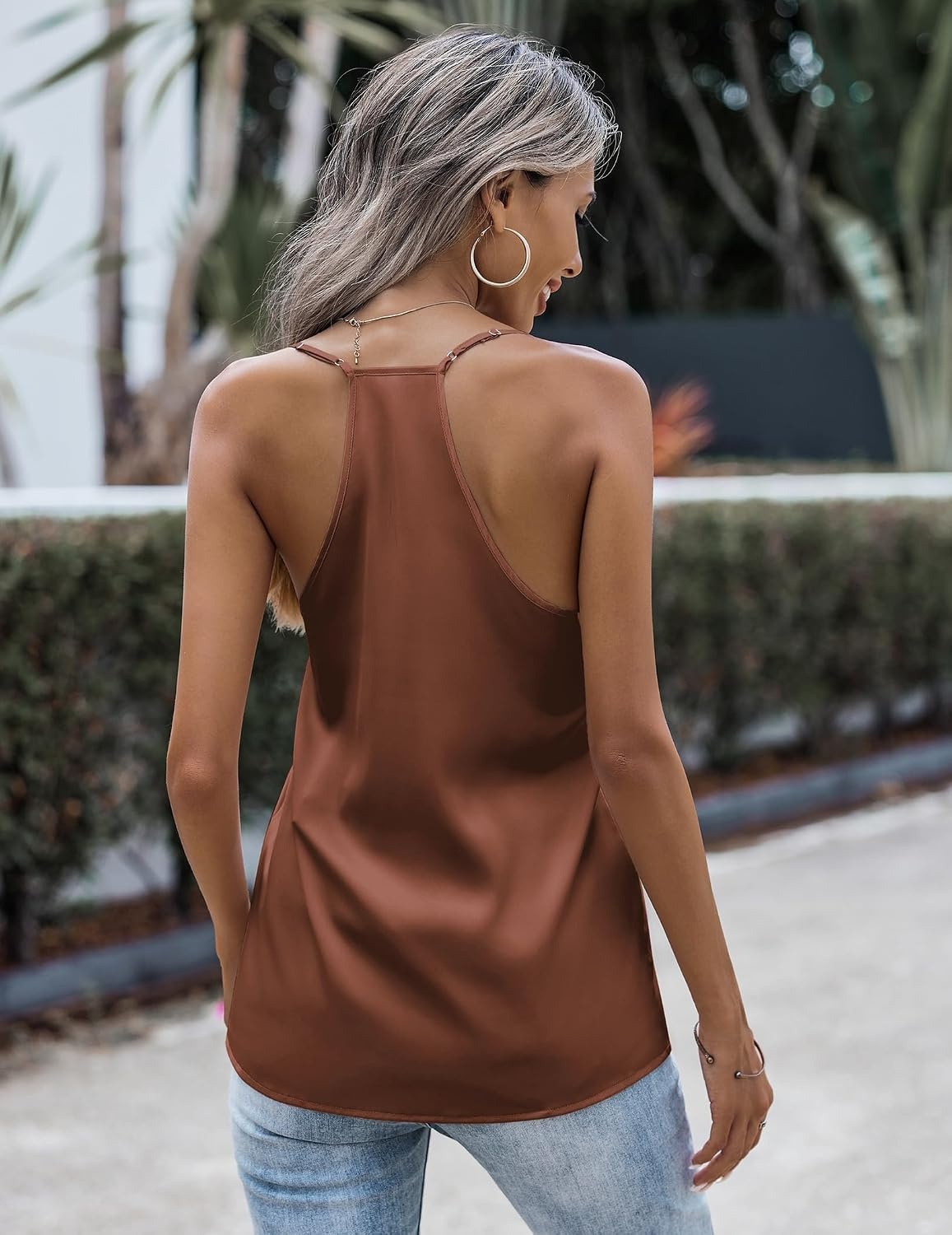 image:imageZeagoo Womens Silk Satin Tank Tops V Neck Sleeveless Blouse Camisole TopBrown