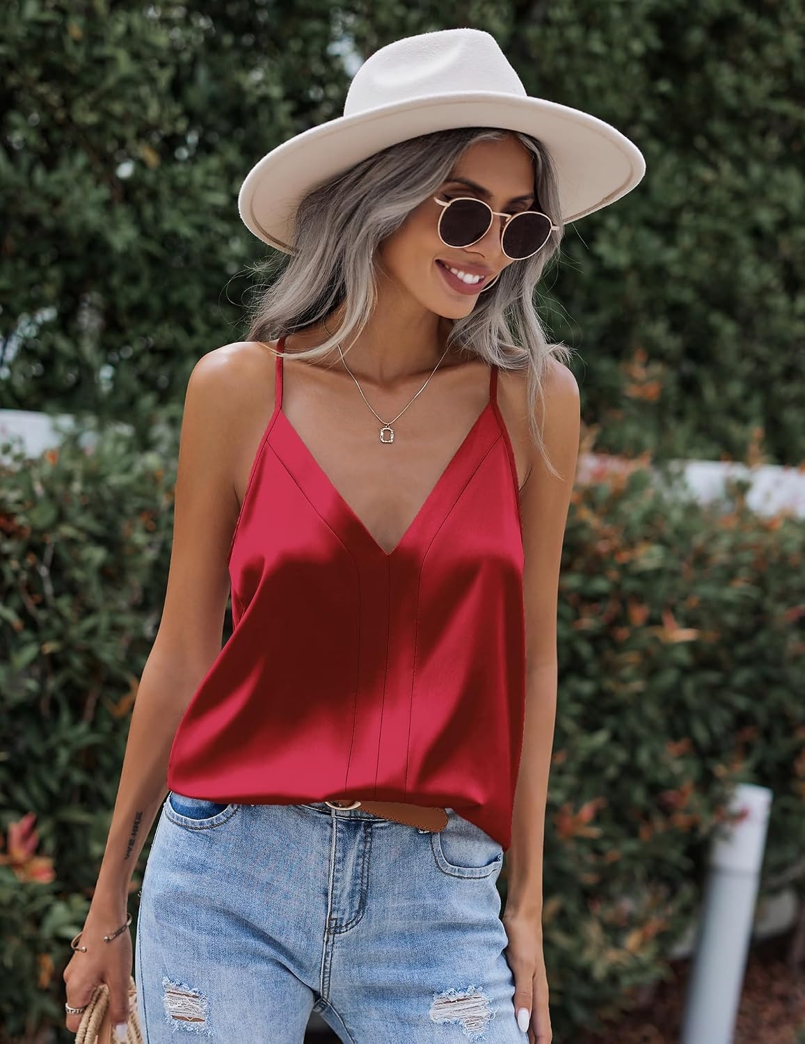 image:imageZeagoo Womens Silk Satin Tank Tops V Neck Sleeveless Blouse Camisole TopRed