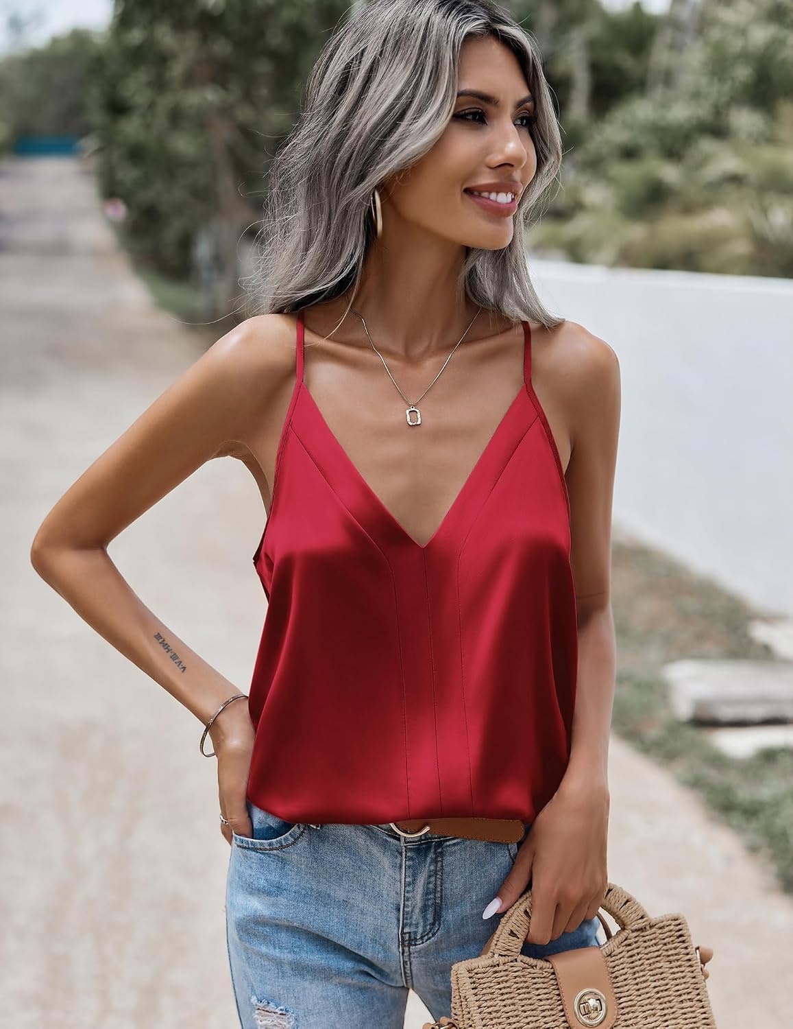 image:imageZeagoo Womens Silk Satin Tank Tops V Neck Sleeveless Blouse Camisole TopRed