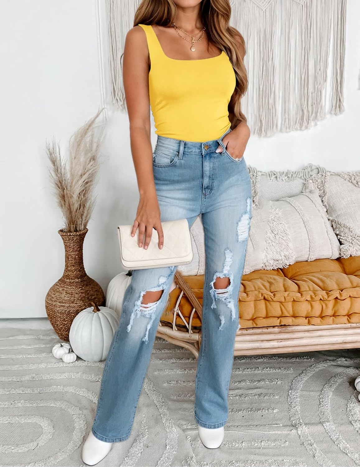 image:imageZeagoo Womens Square Neck Double Lined Tank Tops Cute Summer TopYellow