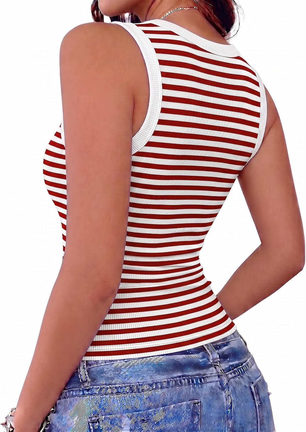 image:imageZeagoo Womens Tank Tops V Neck Ribbed Knit Slim Fit Basic Sleeveless TopsB Stripe Red White