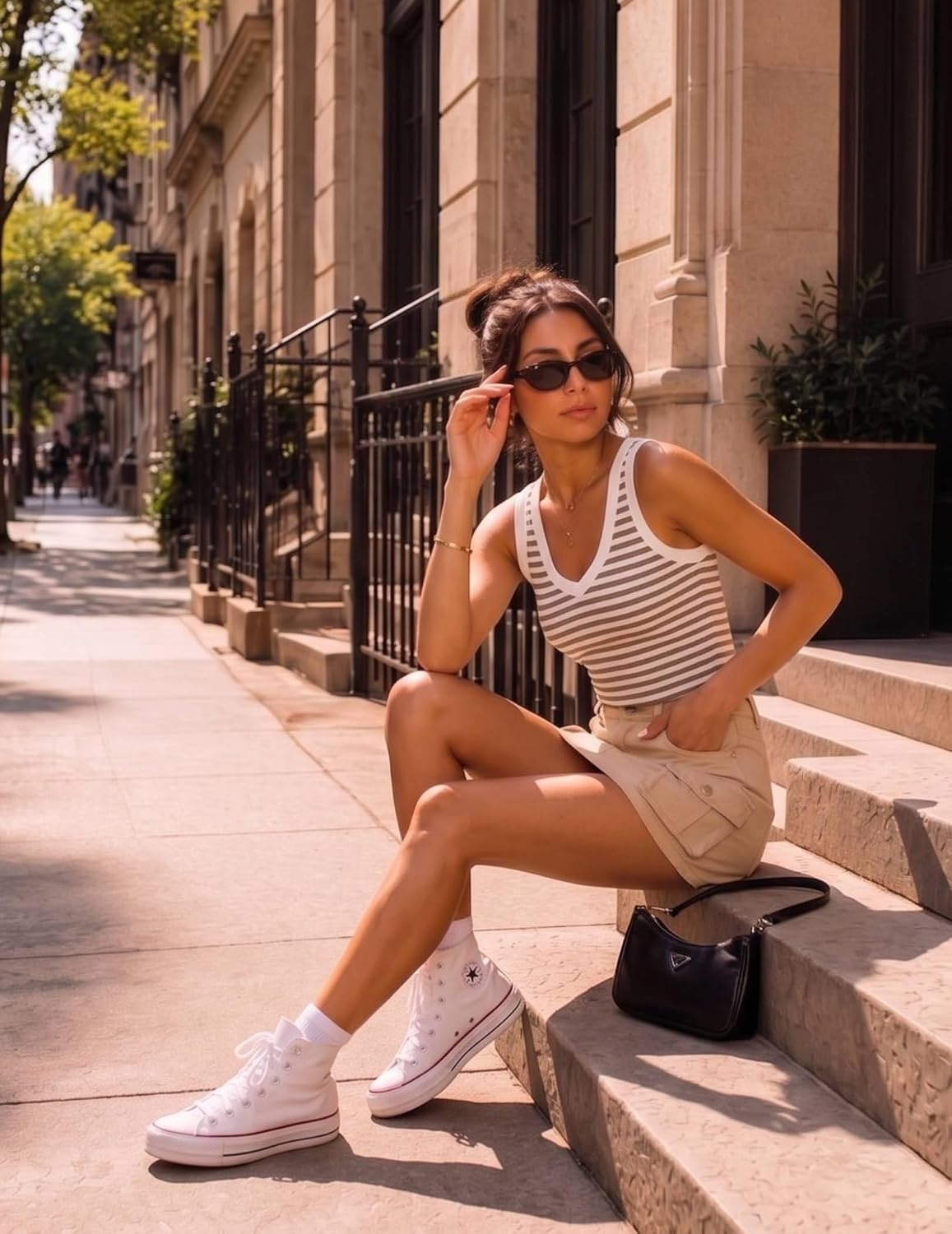image:imageZeagoo Womens Tank Tops V Neck Ribbed Knit Slim Fit Basic Sleeveless TopsBstripe Brown White