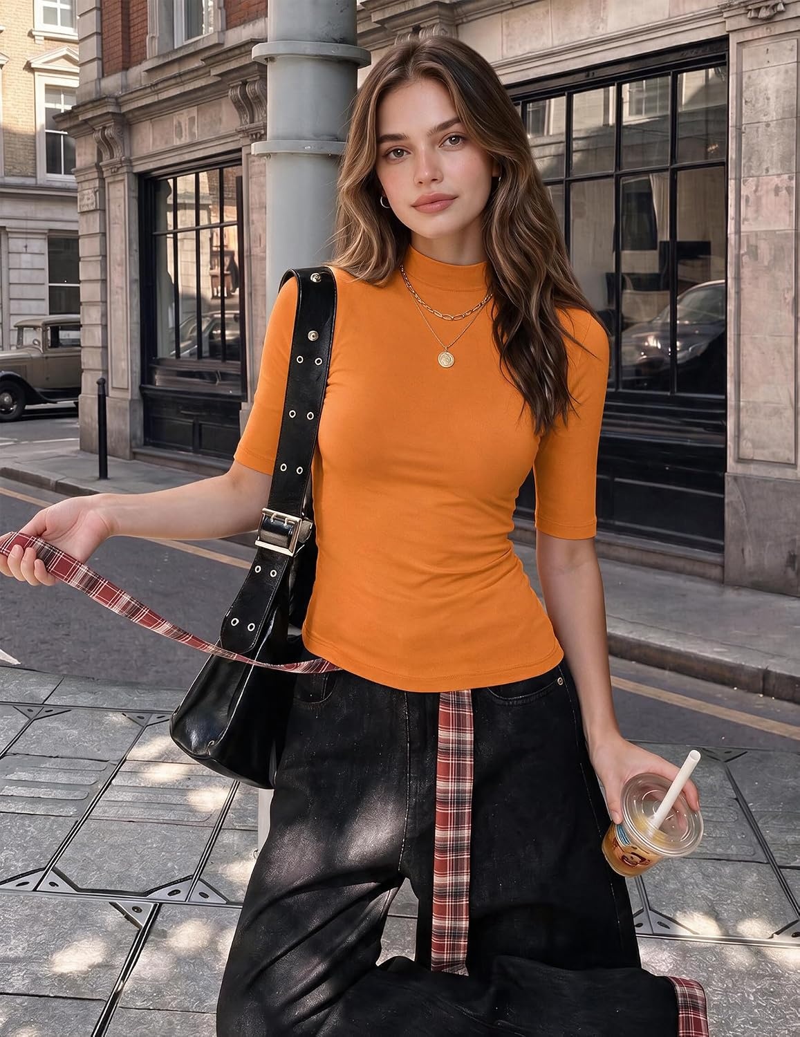 image:imageZeagoo Womens Tops Mock Neck Short Sleeve Slim Basic Summer Fall Basic TeeOrange
