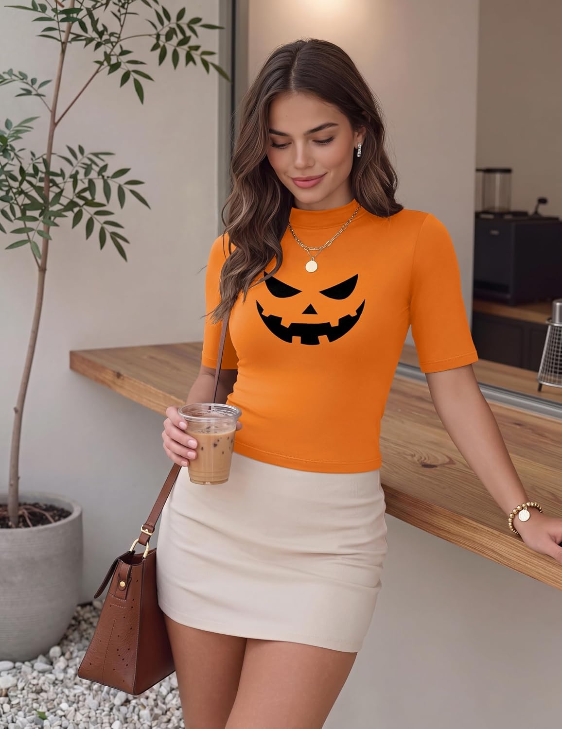 image:imageZeagoo Womens Tops Mock Neck Short Sleeve Slim Basic Summer Fall Basic TeeOrange Ws61