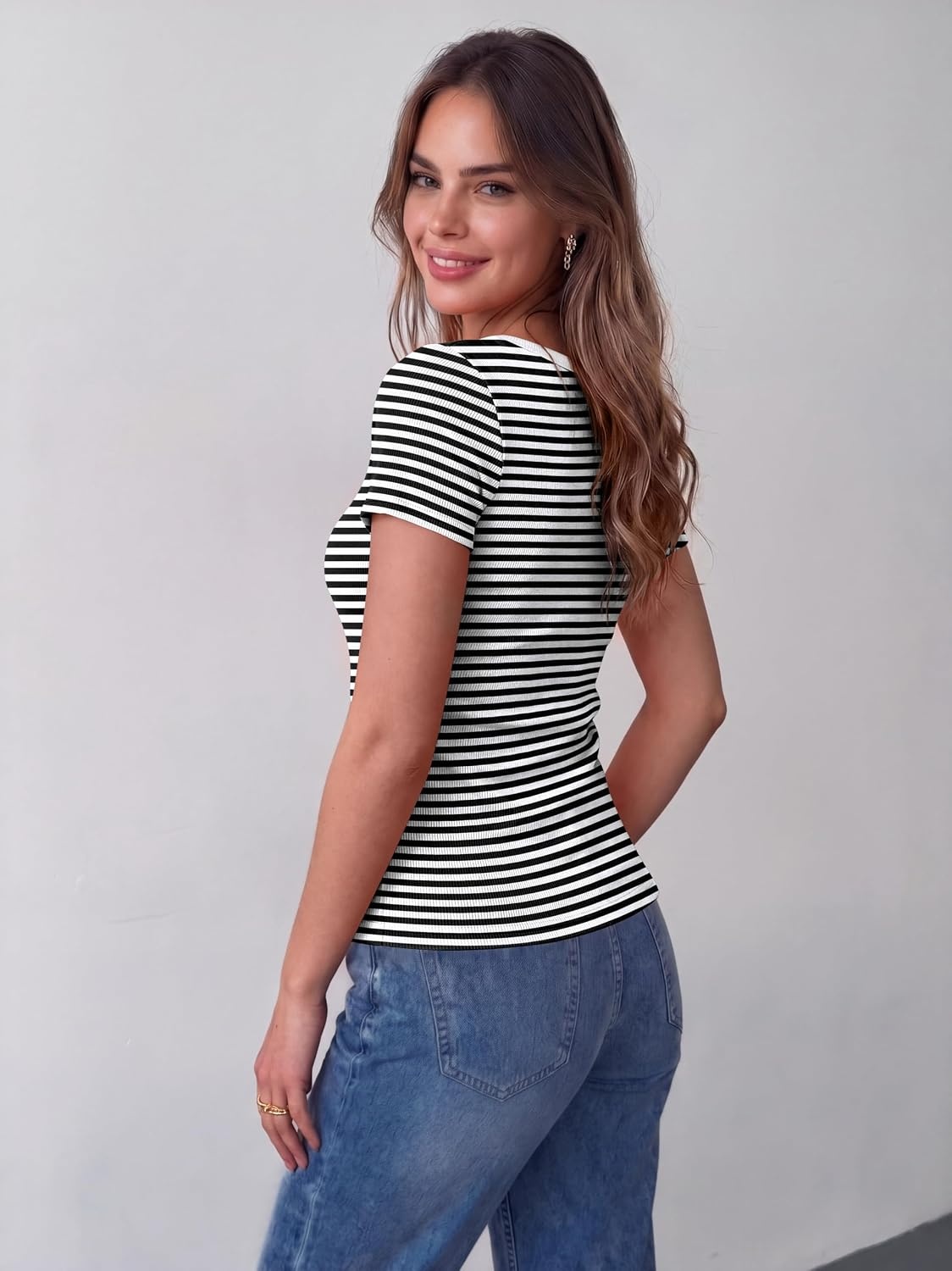image:imageZeagoo Womens Tops Short Sleeve Rib Knit Basic Tee Scoop Neck Fitted ShirtBlack White Stripes