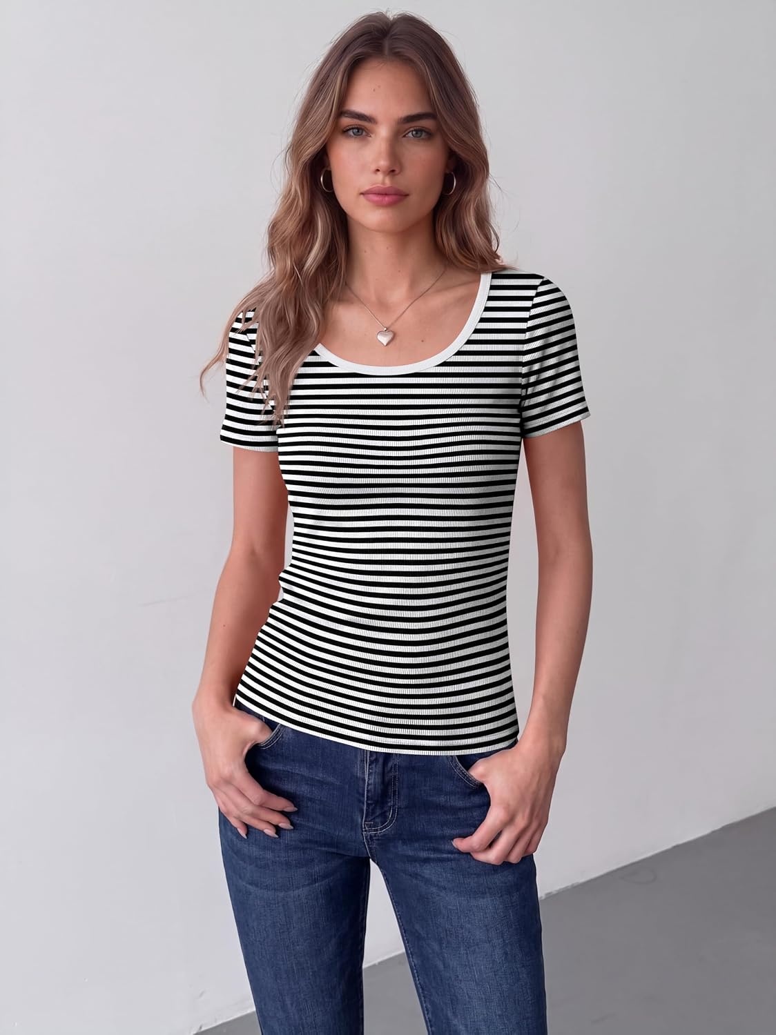 image:imageZeagoo Womens Tops Short Sleeve Rib Knit Basic Tee Scoop Neck Fitted ShirtBlack White Stripes