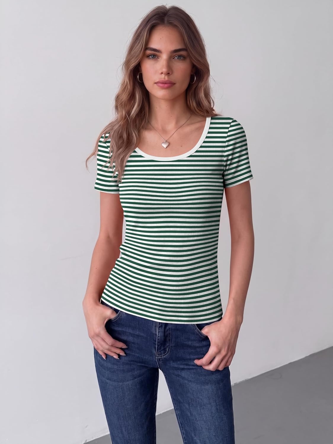 image:imageZeagoo Womens Tops Short Sleeve Rib Knit Basic Tee Scoop Neck Fitted ShirtGreen White Stripes