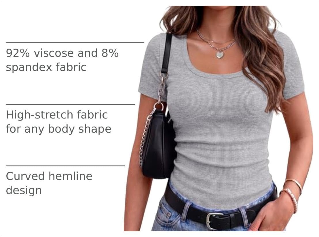 image:imageZeagoo Womens Tops Short Sleeve Rib Knit Basic Tee Scoop Neck Fitted ShirtLight Grey