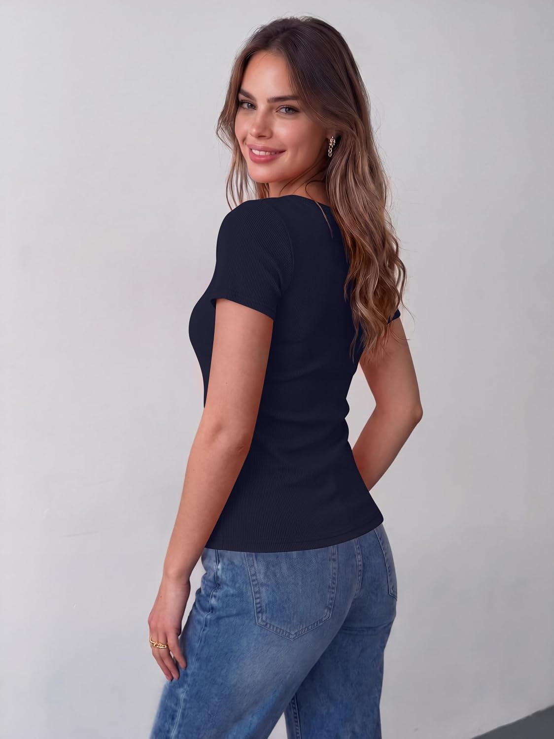 image:imageZeagoo Womens Tops Short Sleeve Rib Knit Basic Tee Scoop Neck Fitted ShirtNavy Blue
