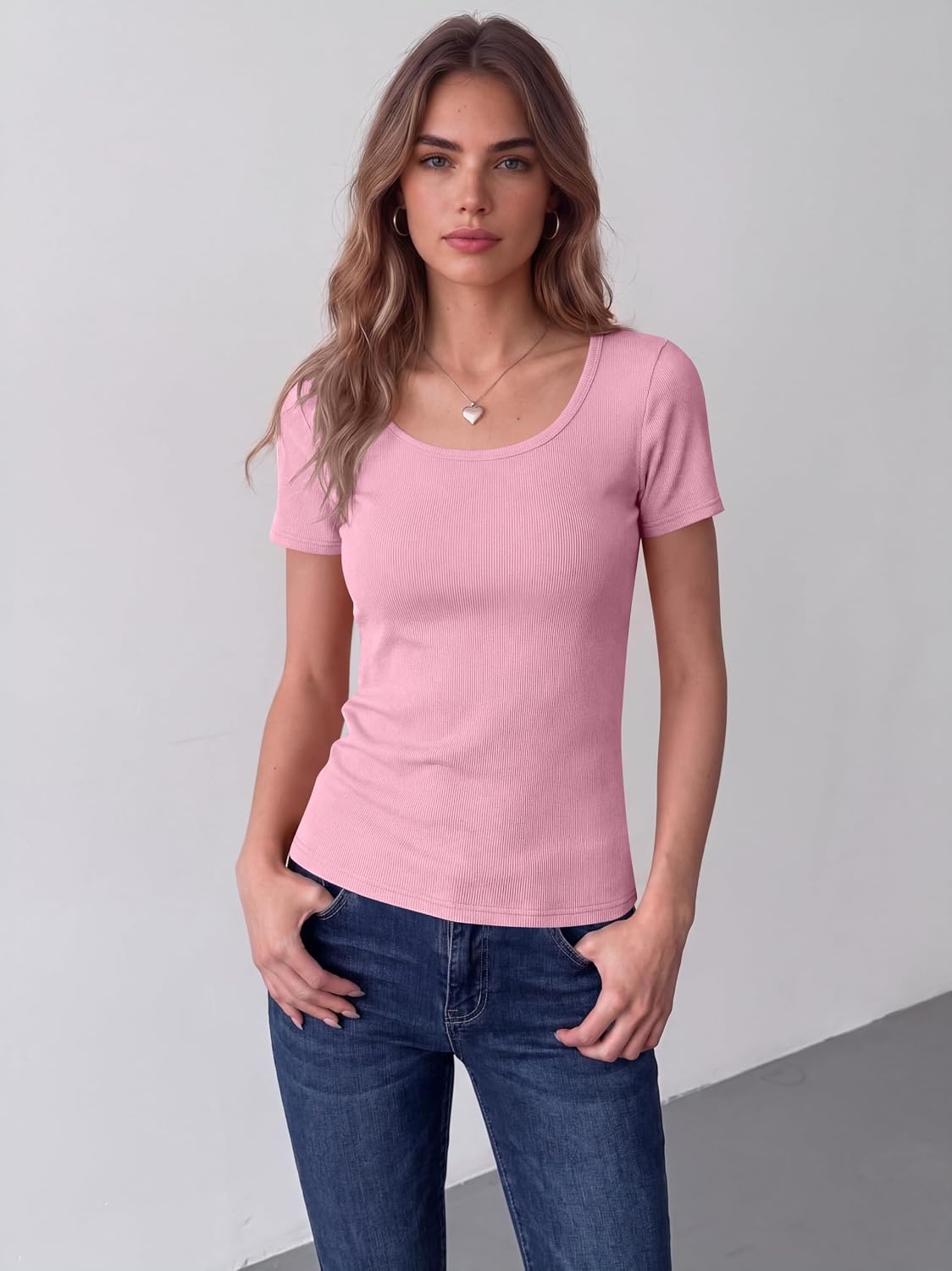 image:imageZeagoo Womens Tops Short Sleeve Rib Knit Basic Tee Scoop Neck Fitted ShirtPink