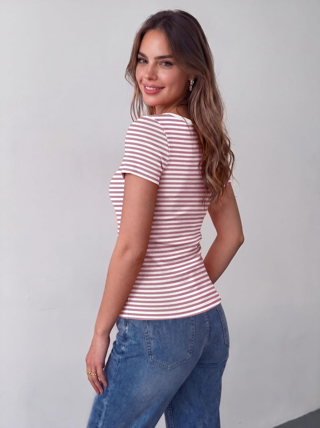 image:imageZeagoo Womens Tops Short Sleeve Rib Knit Basic Tee Scoop Neck Fitted ShirtPink White Stripes