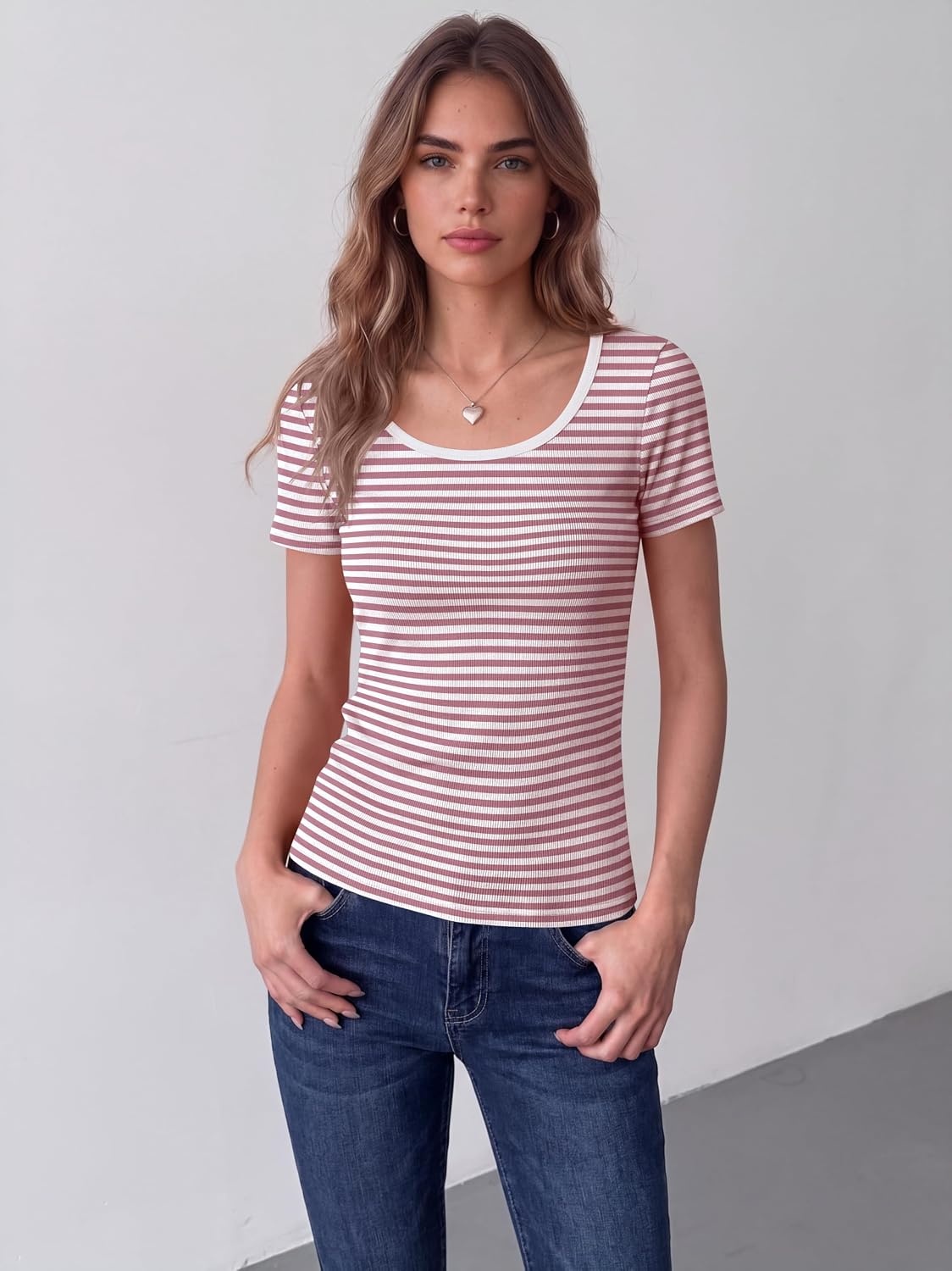 image:imageZeagoo Womens Tops Short Sleeve Rib Knit Basic Tee Scoop Neck Fitted ShirtPink White Stripes