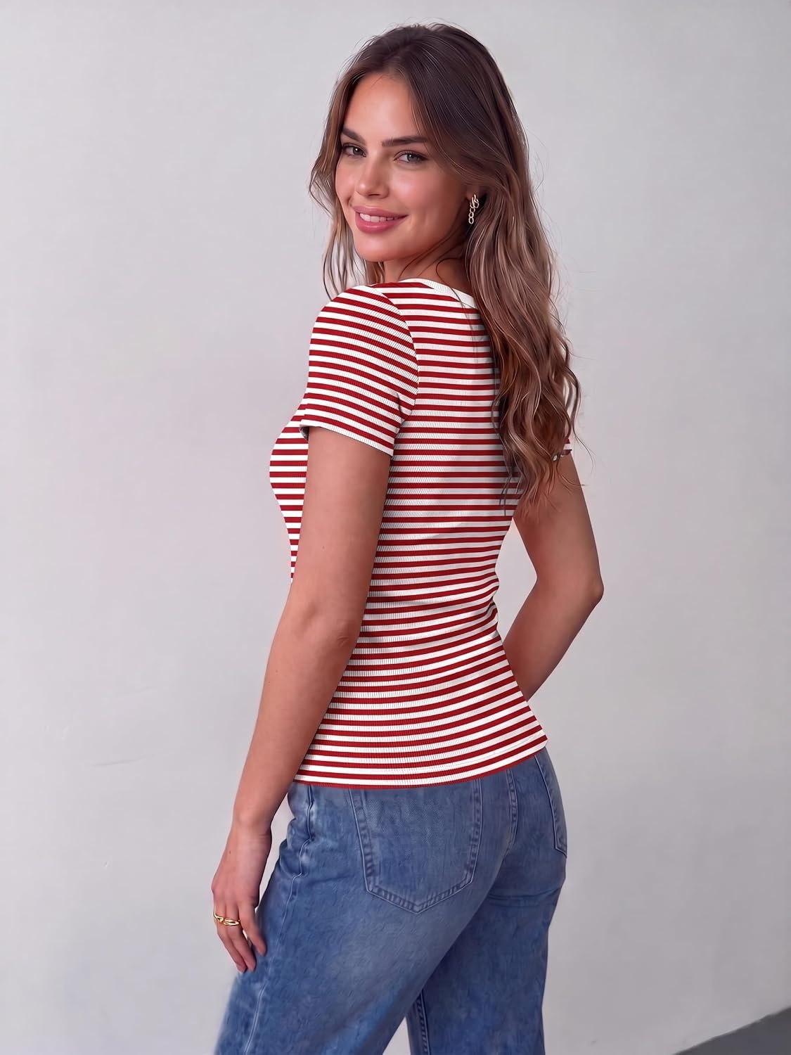 image:imageZeagoo Womens Tops Short Sleeve Rib Knit Basic Tee Scoop Neck Fitted ShirtRed White Stripe