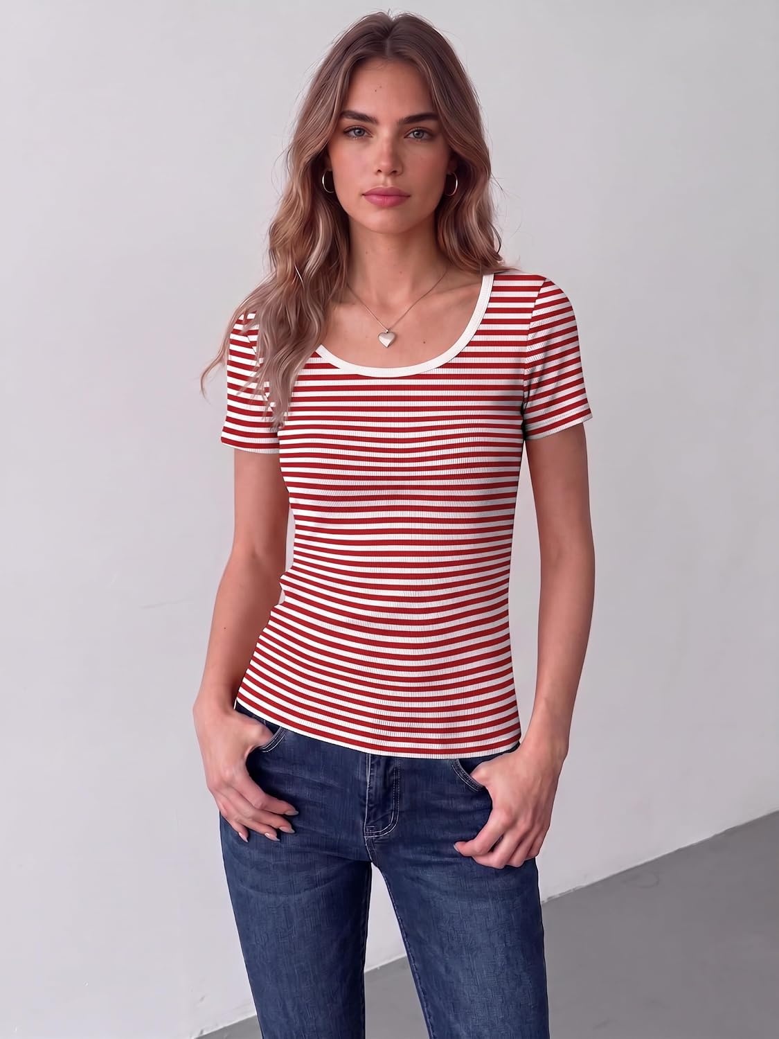 image:imageZeagoo Womens Tops Short Sleeve Rib Knit Basic Tee Scoop Neck Fitted ShirtRed White Stripe