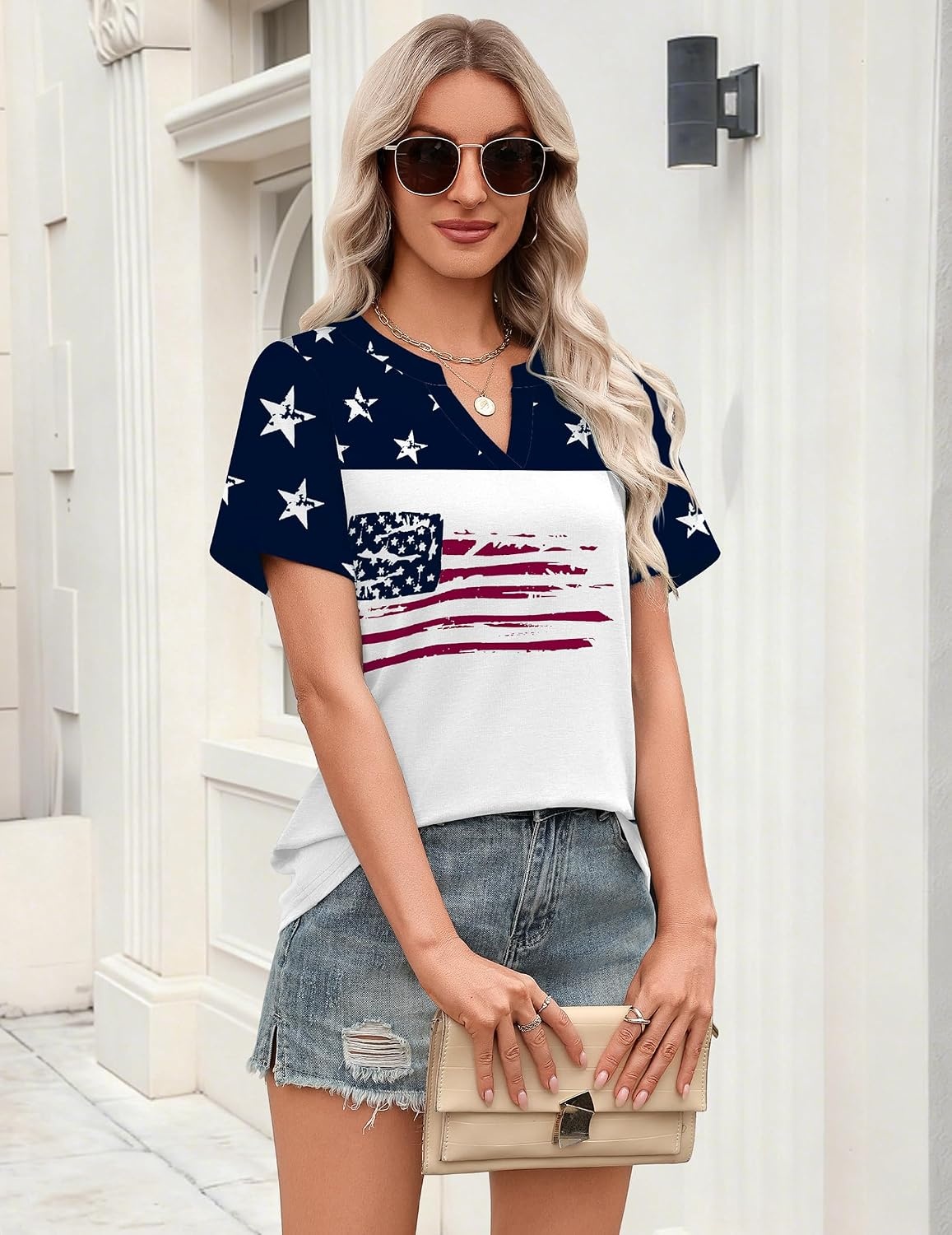image:imageZeagoo Womens Tops Short Sleeve V Neck Tee Shirts Cute Dressy CasualFlag Gq39