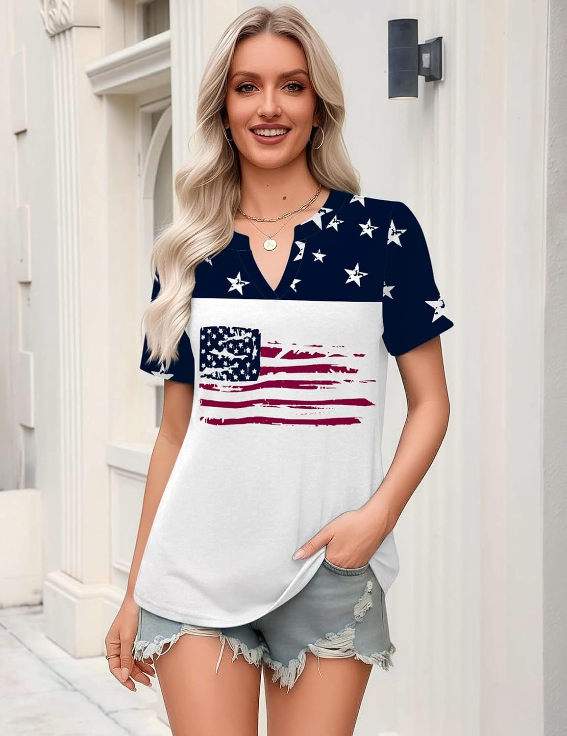 image:imageZeagoo Womens Tops Short Sleeve V Neck Tee Shirts Cute Dressy CasualFlag Gq39