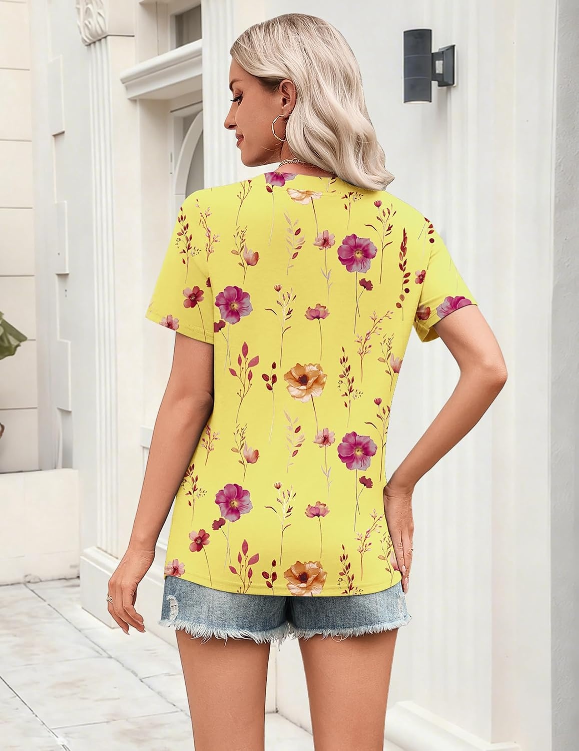 image:imageZeagoo Womens Tops Short Sleeve V Neck Tee Shirts Cute Dressy CasualYellow Flowers Bf351