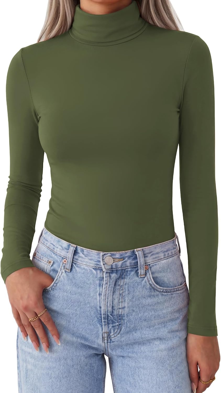 image:imageZeagoo Womens Turtleneck Long Sleeve Tops Lightweight Base Layer TShirtsArmy Green