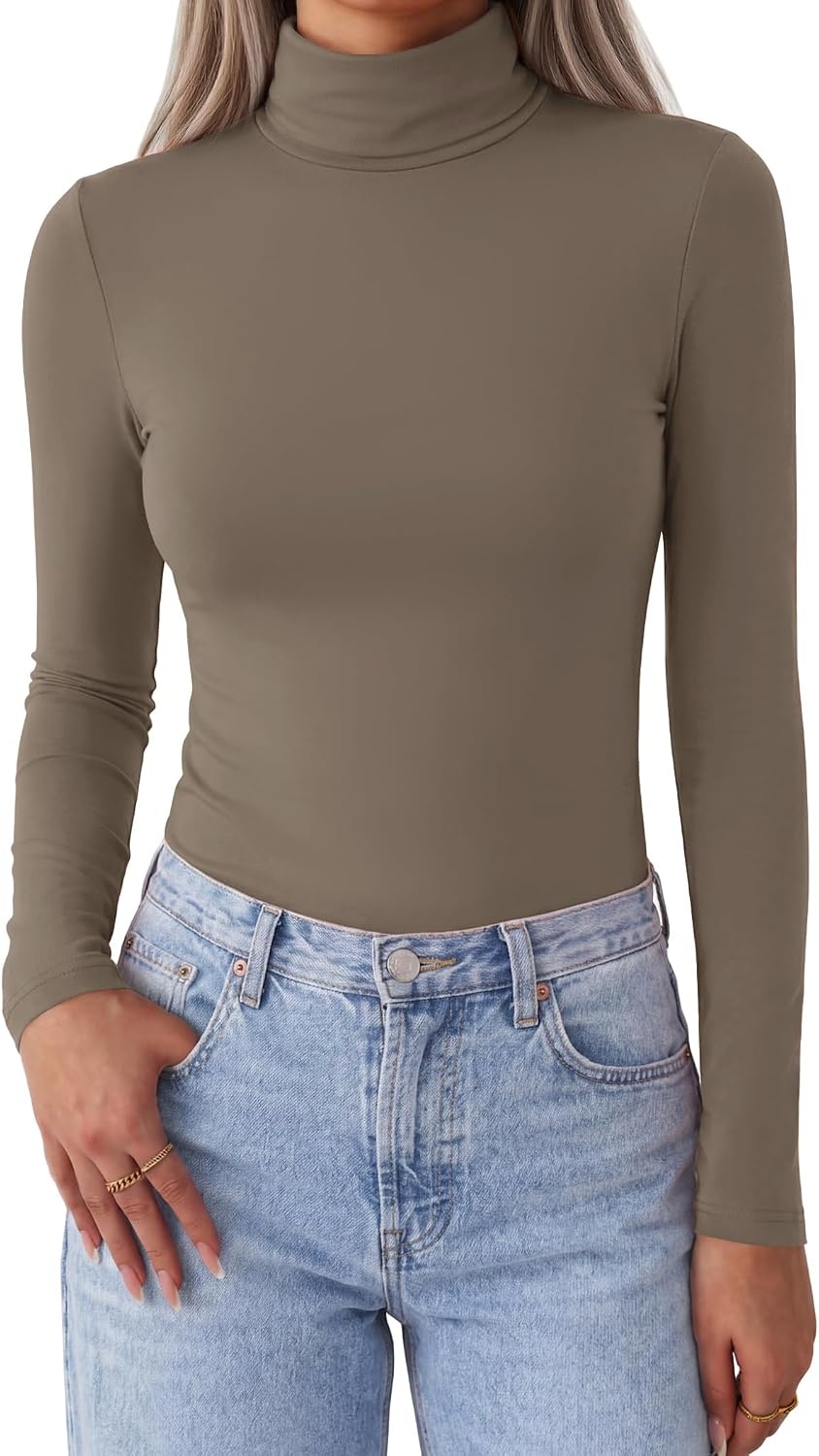 image:imageZeagoo Womens Turtleneck Long Sleeve Tops Lightweight Base Layer TShirtsTaupe