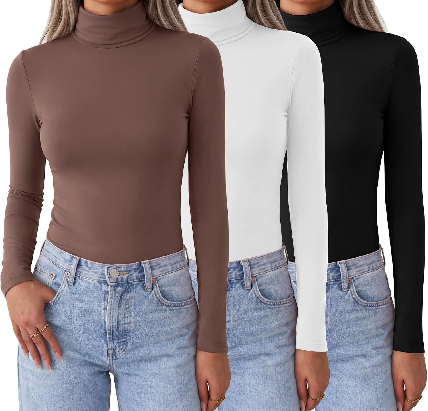 image:imageZeagoo Womens Turtleneck Long Sleeve Tops Lightweight Base Layer TShirtsZblackWhiteToffee