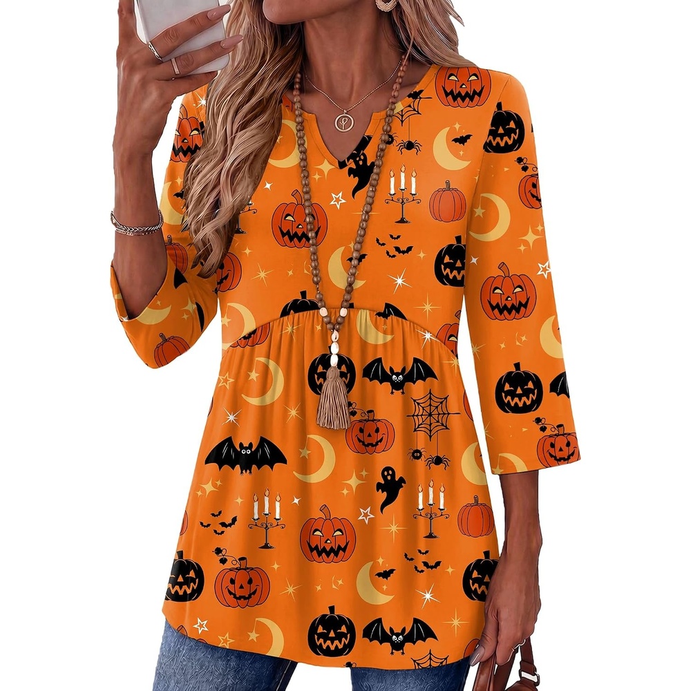image:imageZeagoo 34 Length Sleeve Womens Tops 2026 Blouses for Women Dressy Casual Fashion Clothing V Neck TShirts Summer OutfitsHalloween Print