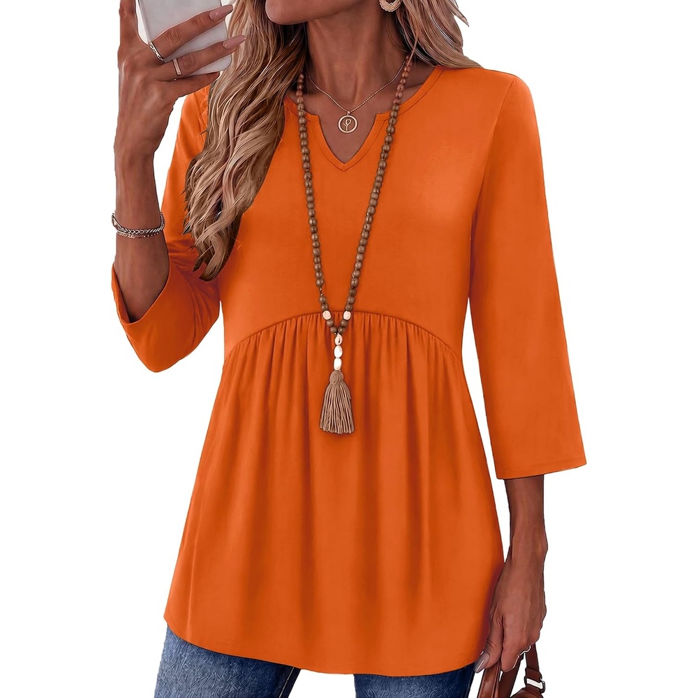 image:imageZeagoo 34 Length Sleeve Womens Tops 2026 Blouses for Women Dressy Casual Fashion Clothing V Neck TShirts Summer OutfitsOrange