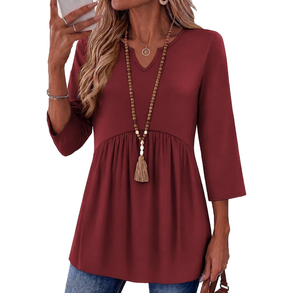 image:imageZeagoo 34 Length Sleeve Womens Tops 2026 Blouses for Women Dressy Casual Fashion Clothing V Neck TShirts Summer OutfitsWine Red