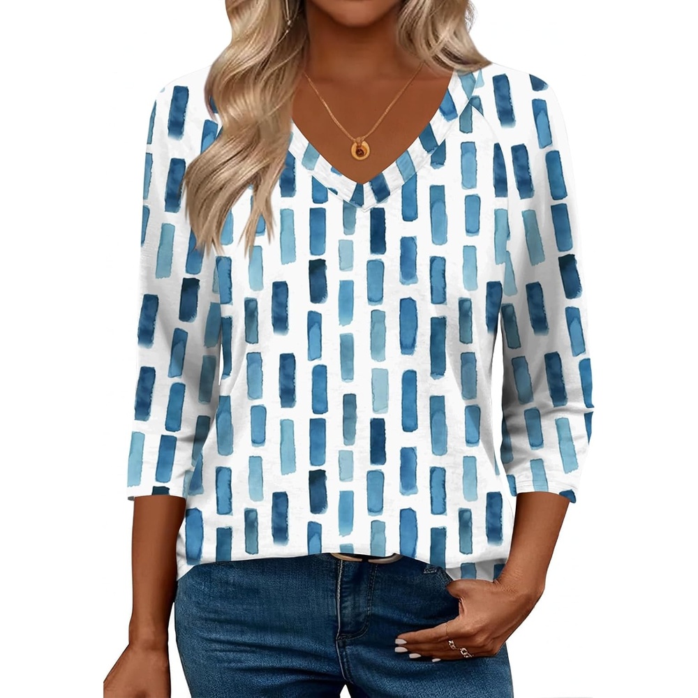 image:imageZeagoo 34 Length Sleeve Womens Tops Casual V Neck Shirts Soft Basic TeesBlue White Stripe