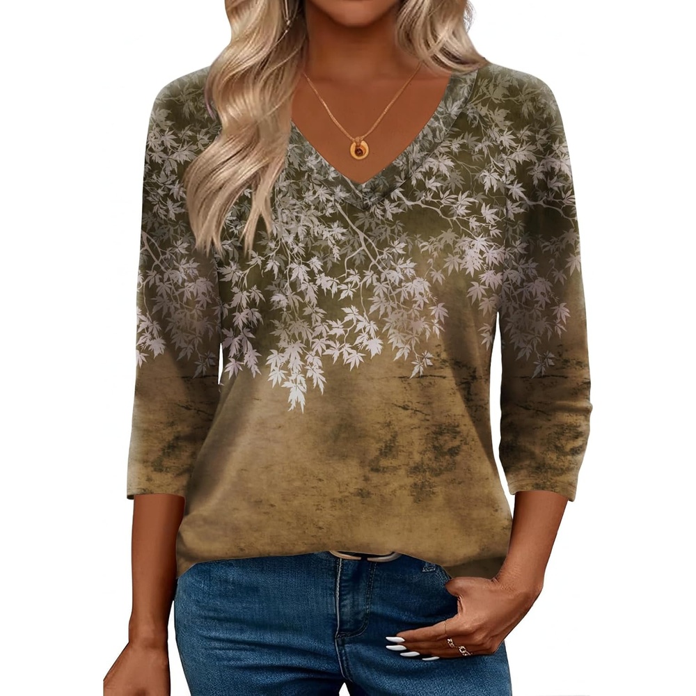 image:imageZeagoo 34 Length Sleeve Womens Tops Casual V Neck Shirts Soft Basic TeesBrown Leaves
