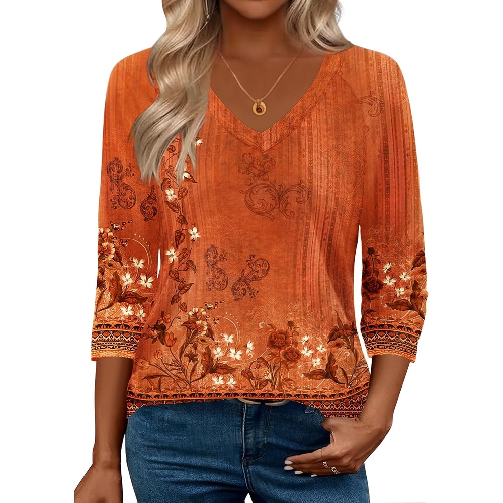 image:imageZeagoo 34 Length Sleeve Womens Tops Casual V Neck Shirts Soft Basic TeesCaremel Print