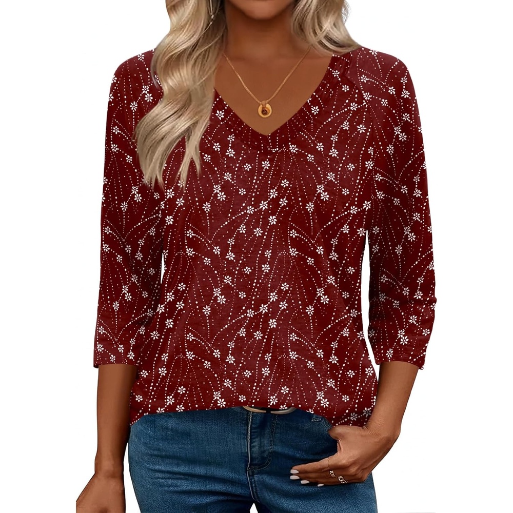 image:imageZeagoo 34 Length Sleeve Womens Tops Casual V Neck Shirts Soft Basic TeesFloral Red