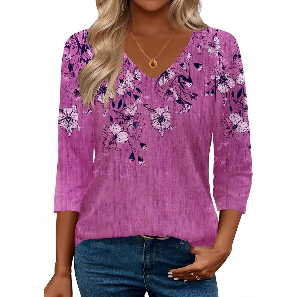 image:imageZeagoo 34 Length Sleeve Womens Tops Casual V Neck Shirts Soft Basic TeesLight Magenta