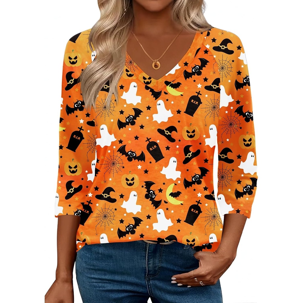 image:imageZeagoo 34 Length Sleeve Womens Tops Casual V Neck Shirts Soft Basic TeesOrange Halloween