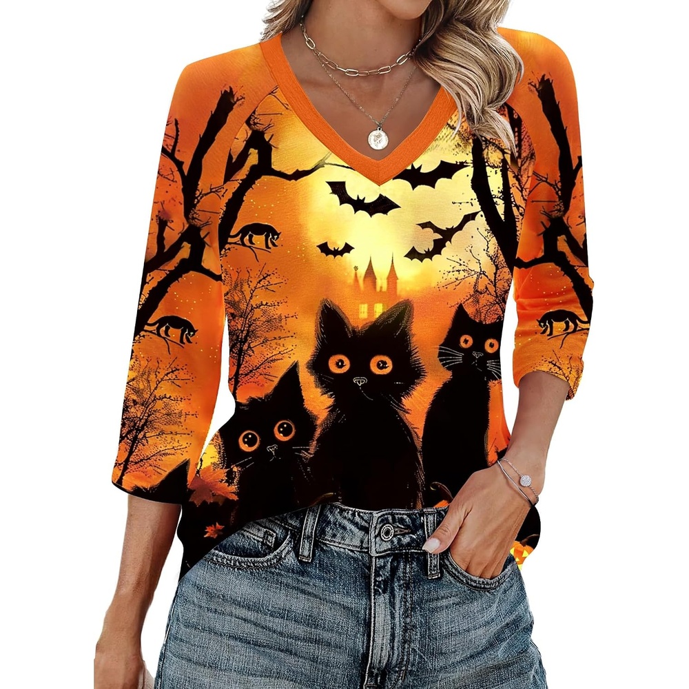 image:imageZeagoo 34 Length Sleeve Womens Tops Casual V Neck Shirts Soft Basic TeesOrange Pumpkin  Black Cat