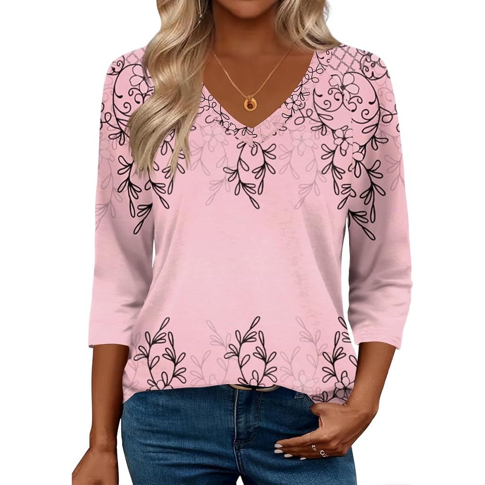 image:imageZeagoo 34 Length Sleeve Womens Tops Casual V Neck Shirts Soft Basic TeesPink Floral