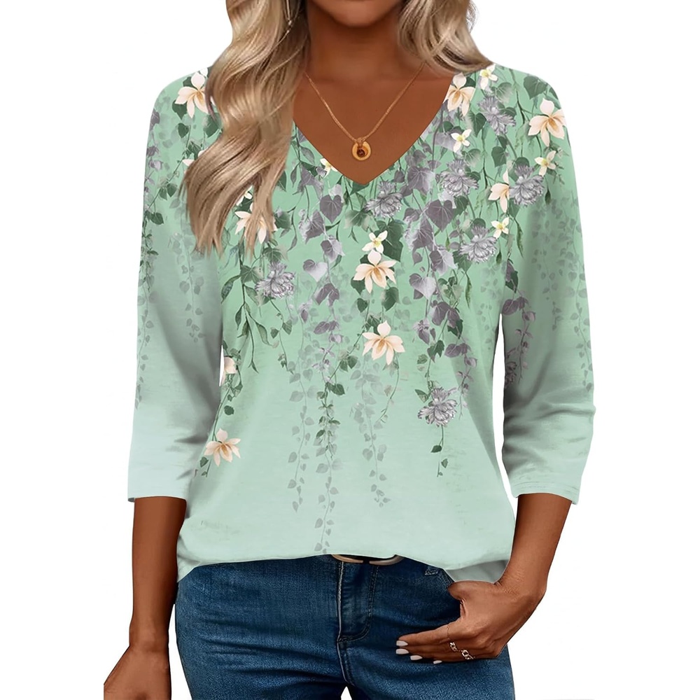 image:imageZeagoo 34 Length Sleeve Womens Tops Casual V Neck Shirts Soft Basic TeesSpring Bird