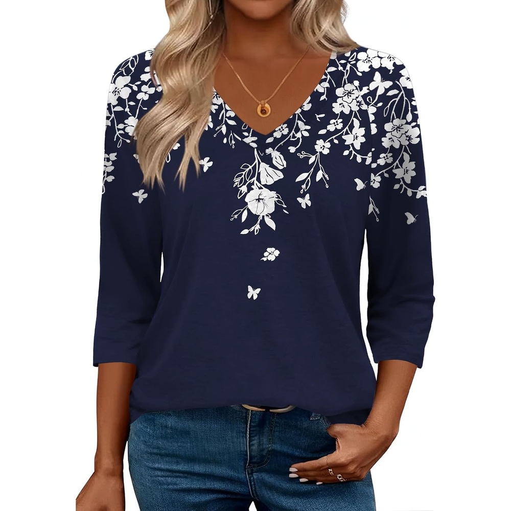 image:imageZeagoo 34 Length Sleeve Womens Tops Casual V Neck Shirts Soft Basic TeesWhite Flowersf103