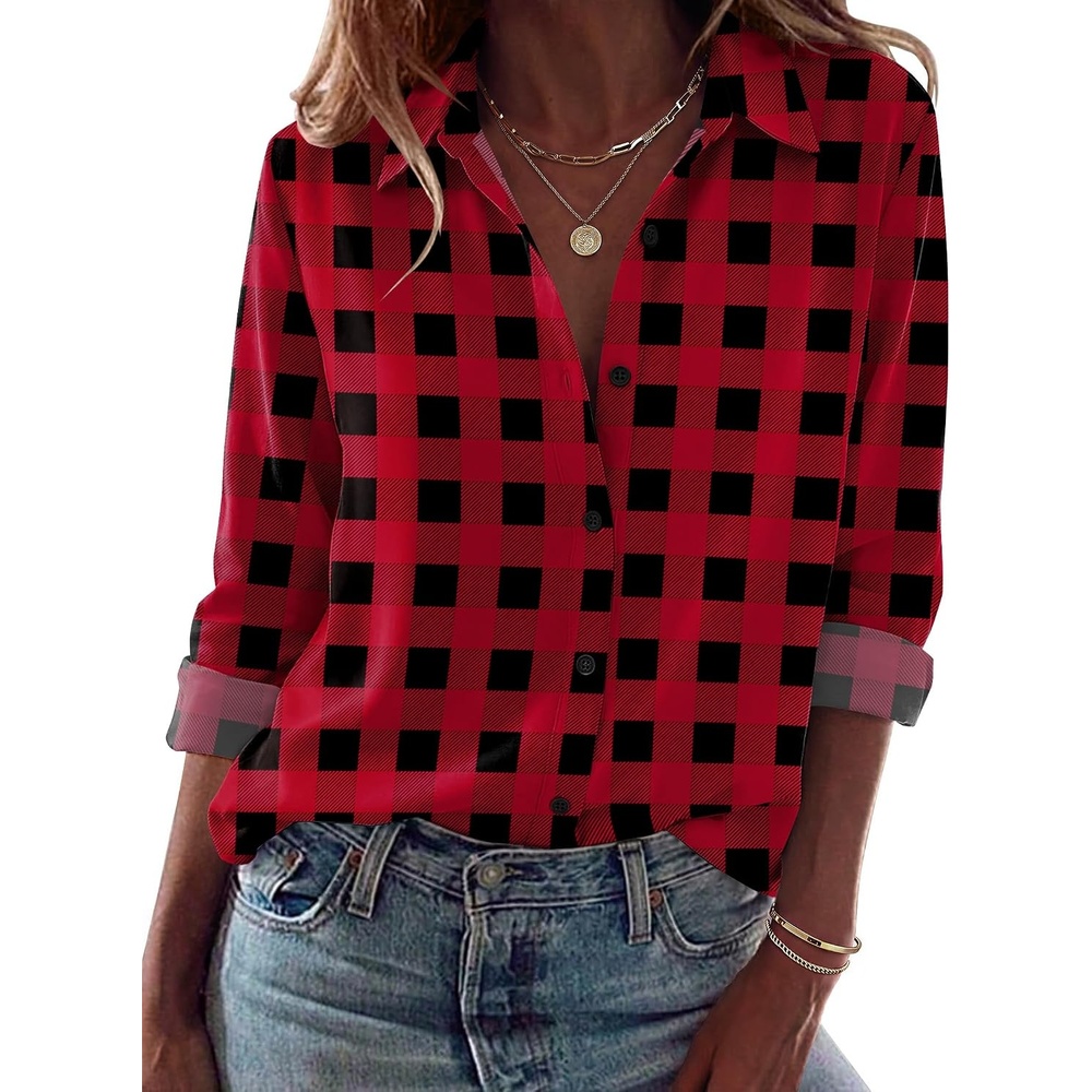 image:imageZeagoo Blouses for Women Dressy Casual Long Sleeve Button Down Shirts TopsRed Black Plaid