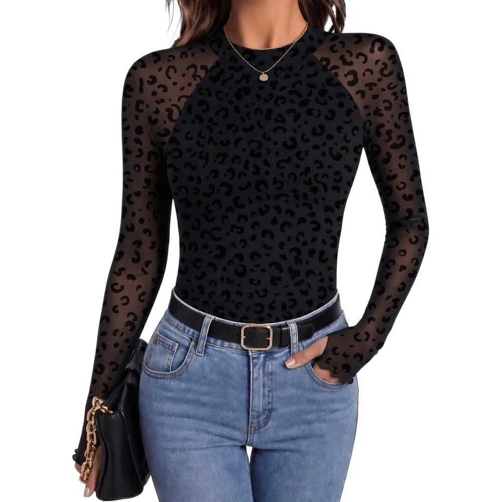 image:imageZeagoo Long Sleeve Shirts for Women Sheer Mesh Top Mock Neck Fitted BlousesAn59