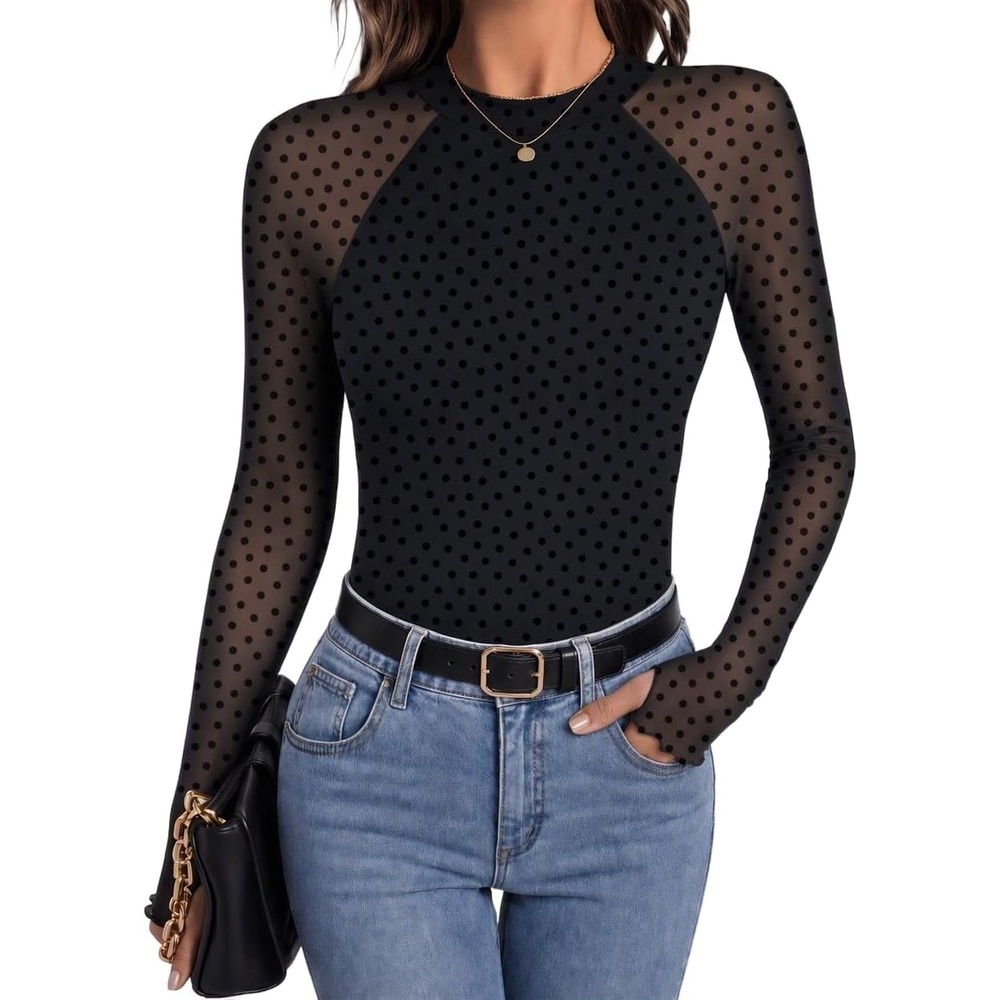 image:imageZeagoo Long Sleeve Shirts for Women Sheer Mesh Top Mock Neck Fitted BlousesJh723